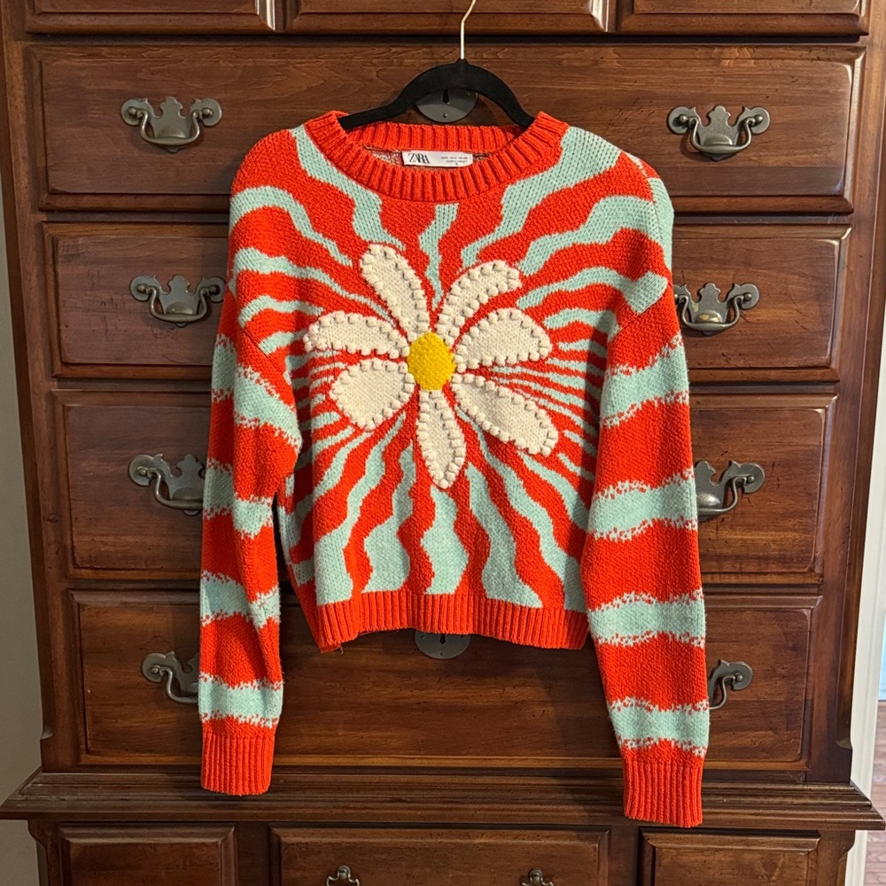Zara Orange and Blue Sweater with Floral Pattern